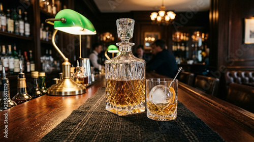 Crystal decanter and whiskey glass on bar counter, elegant bar atmosphere