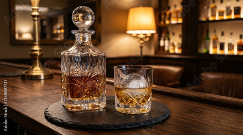 Crystal Decanter & Glass with Whiskey on Wooden Bar, Cozy Ambiance