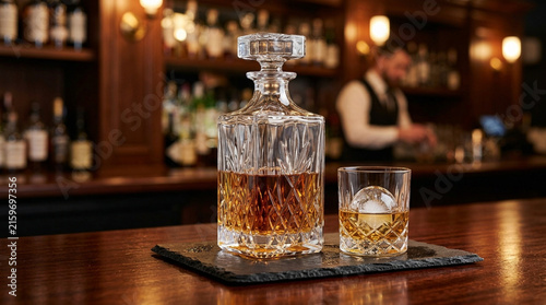 Crystal Decanter & Rocks Glass with Whiskey on Bar Counter, Bartender Background