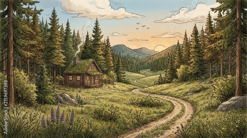 A rustic cabin nestled in a verdant forest, with a winding dirt road leading to it, surrounded by lush greenery and a clear blue sky with a few scattered clouds.