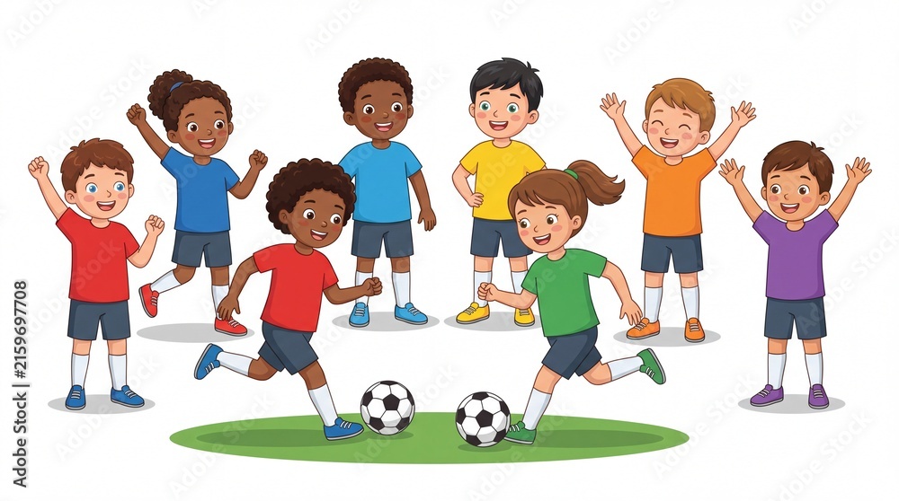 Naklejka premium Group of diverse children playing soccer outdoors, with two soccer balls on green grass and joyful expressions in a vibrant illustration