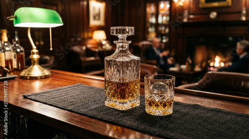 Crystal decanter and glass filled with amber whiskey on a bar counter with fireplace background