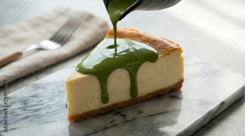 Matcha sauce pouring over cheesecake slice