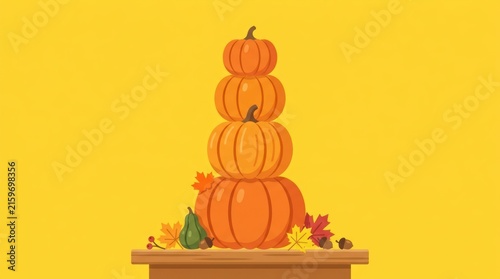 A pyramid of pumpkins on a yellow background with autumn leaves and a small green gourd.