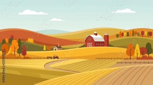 A picturesque autumn landscape with a red barn and a tractor in a field, surrounded by hills and trees with vibrant autumn colors.
