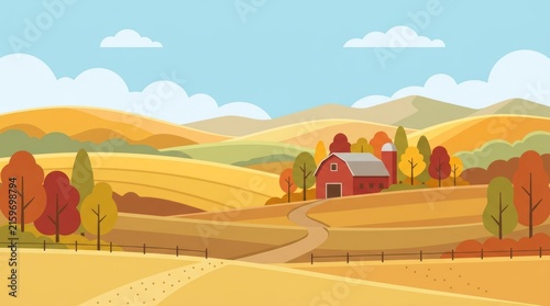 A picturesque autumn landscape with a red barn and yellow fields, surrounded by trees with autumn leaves.