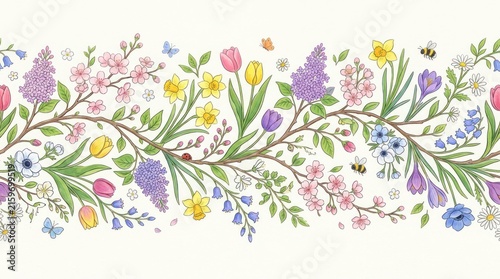 A colorful floral border with a white background featuring various flowers, leaves, and insects.