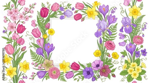 A colorful floral arrangement with a white frame in the center, featuring tulips, daffodils, and other spring flowers.