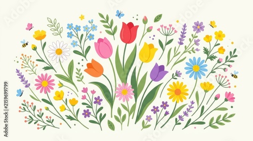 A colorful floral arrangement with tulips, daisies, and other flowers in a vibrant, pastel color palette. The background is a light, neutral color, creating a soft, inviting atmosphere. 
