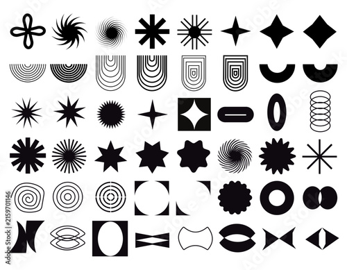 Collection of abstract geometric shapes and patterns on a white background