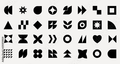 Collection of black geometric shapes and abstract designs on a white background