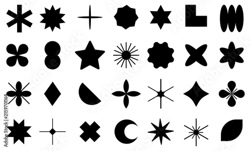 Collection of black geometric shapes and starbursts on a white background simple graphic design