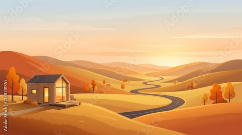 A cozy cabin nestled in a picturesque autumn landscape with a winding road and a river flowing through the hills.