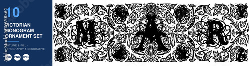 Victorian Monogram Ornament Set, Intricate Typography Design, Decorative Nameplate Illustration, Vintage Floral Pattern