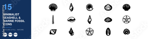 Seashell Icons Set with Minimalist Marine Fossil Illustrations. Outline and Fill Design