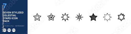 Seven Stylized Celestial Stars Icon Pack Nameplate. Outline and Fill Astronomy Design, Vector Graphics Set