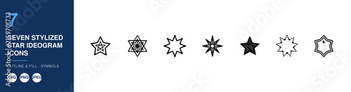Seven Stylized Star Ideogram Icons, Outline and Fill Symbols Set, Vector Design Elements for Branding and Graphic
