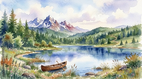 A serene mountain lake with a wooden canoe and a boat, surrounded by lush greenery and a clear blue sky with fluffy white clouds.