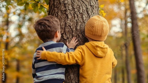 Friendship trust memories, Two children hugging a tree in an autumn forest, surrounded by colorful fall foliage.