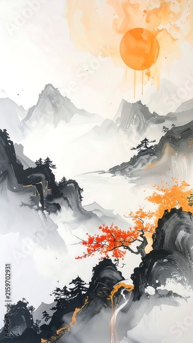 Sunset over snowy mountain peaks with smoke.
