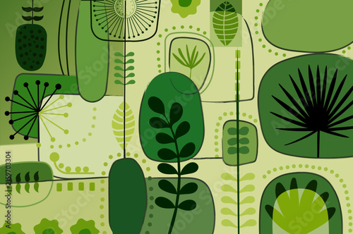 Retro mid century modern abstract botanical pattern in shades of green