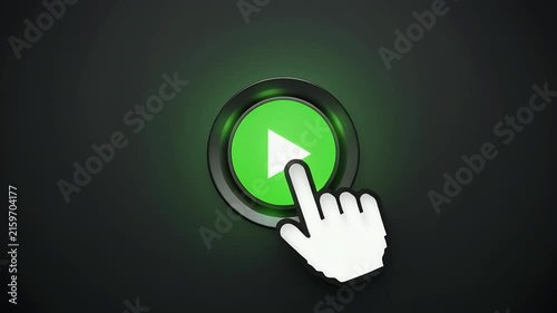 A cursor hand clicks on a glowing green play button.