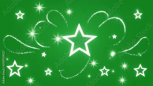 A vibrant green background adorned with twinkling white stars and sparkling trails.
