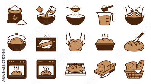 Set of Bread Making Process Icons Featuring Kneading, Baking, Slicing and Fresh Homemade Bakery Steps
