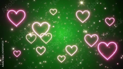 Pink neon hearts float against a sparkling green background