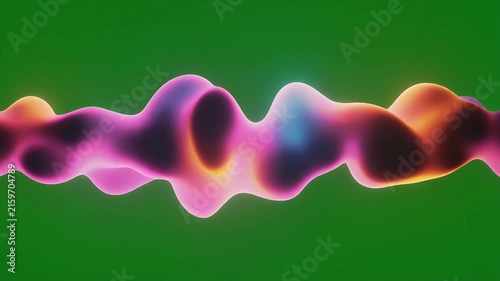 An abstract, undulating wave of colorful, luminous liquid forms on a vibrant green background.