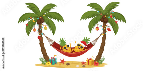 Two cute pineapples wearing santa hats relaxing in a red hammock between two palm trees on a tropical beach during christmas holidays