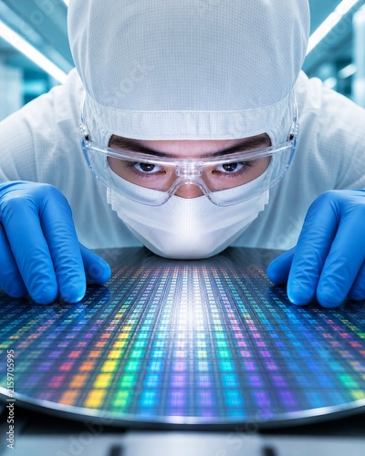 Cleanroom technician examining a colorful silicon wafer during semiconductor quality inspection
