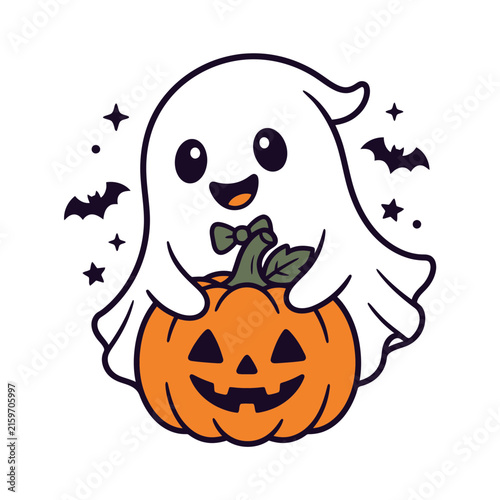 Cute cartoon ghost holding a smiling jack o lantern pumpkin for a fun halloween celebration design