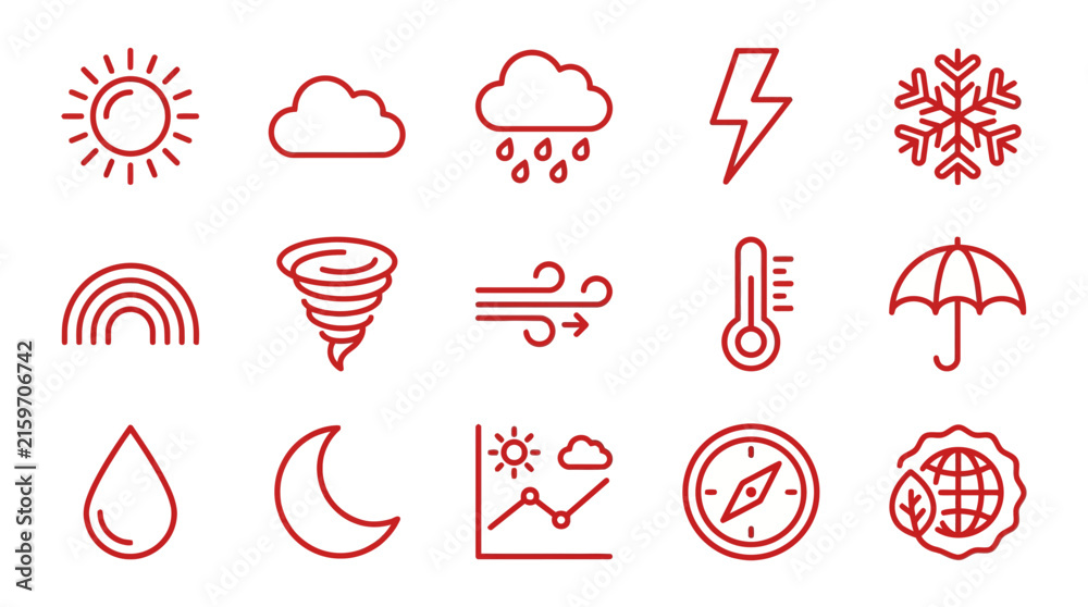 Fototapeta premium A collection of red line icons representing various weather phenomena and meteorological concepts, including sun, clouds, rain, lightning, snow, and more.