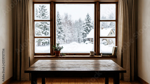 Empty table and winter window in background