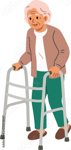 Senior elderly woman walking with medical walker. Flat design.