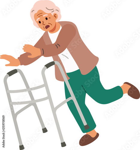 Senior elderly woman falling with medical walker. Risk factors of falls in older adult. Flat design illustration.