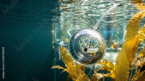 Underwater sensor sphere monitoring kelp forest, marine research technology in ocean, scientific data collection device
