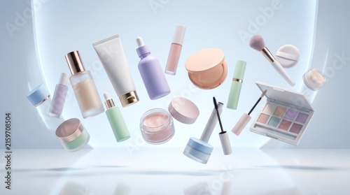 Various beauty products and makeup items on a light blue background.