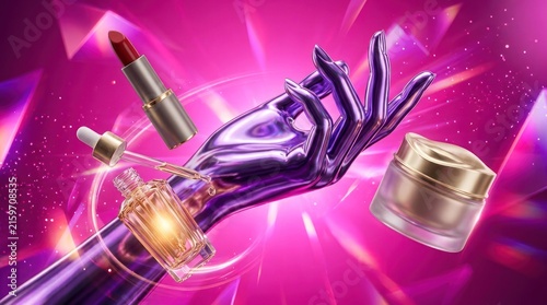 A hand holding a bottle of perfume against a vibrant pink background with a starry sky.