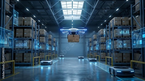 Automated warehouse with drone and robotic vehicles