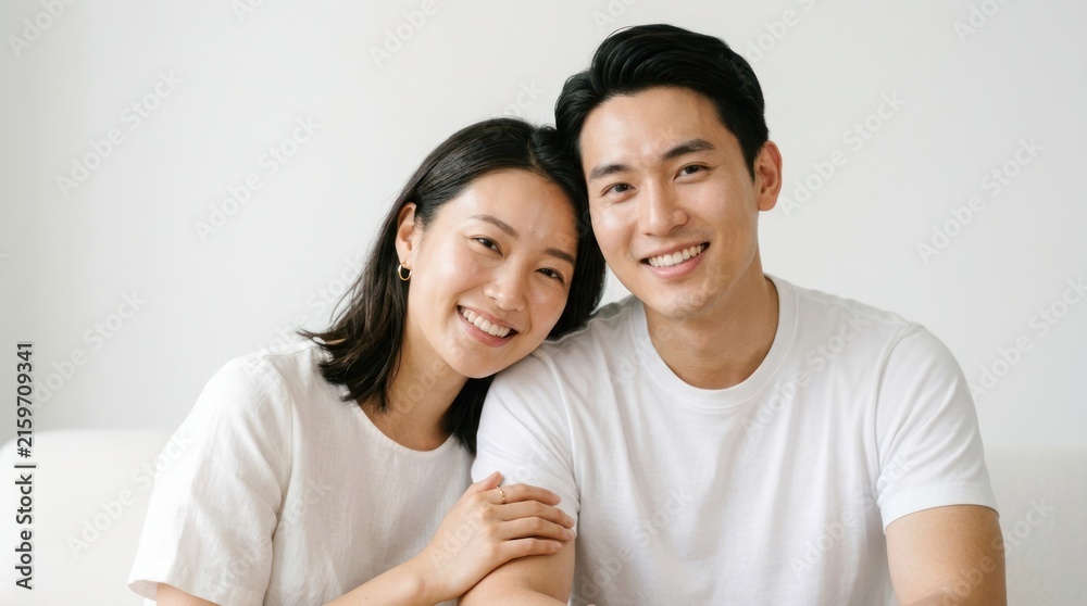Obraz premium A couple smiling and embracing each other in a white room.