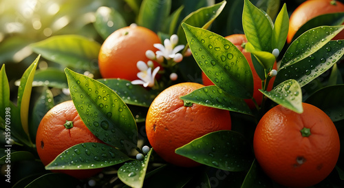 Close-up oranges among fresh leaves, dew drops on leaves, soft sunlight, high detail, realistic colors