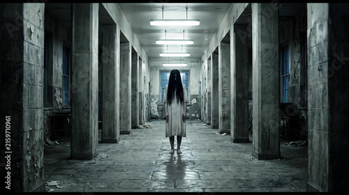A ghostly figure with long black hair wearing a white dress standing in the center of a dark, abandoned, and dilapidated hospital hallway