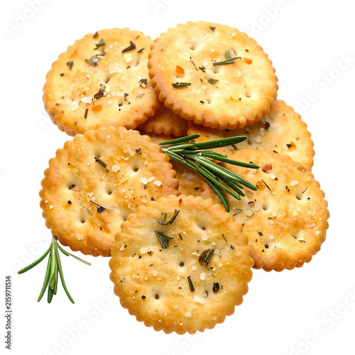 Garlic, rosemary and sea salt crackers isolated on white background