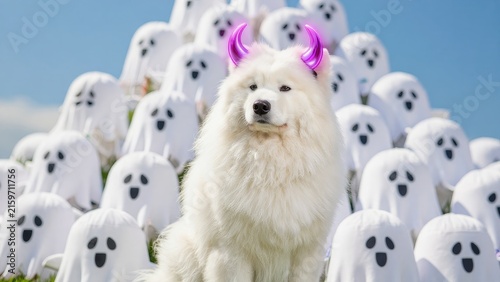 Playful Samoyed Dog Surrounded by Cute Halloween Ghost Decorations