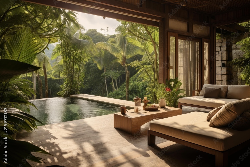 Fototapeta premium Balinese style luxury villa featuring an infinity pool with a view of the dense rainforest