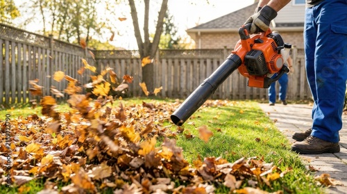Professional Landscaper Using Leaf Blower to Clean Up Autumn Yard Work During Fall Season Maintenance Task on a Sunny Day Residential Lawn Care