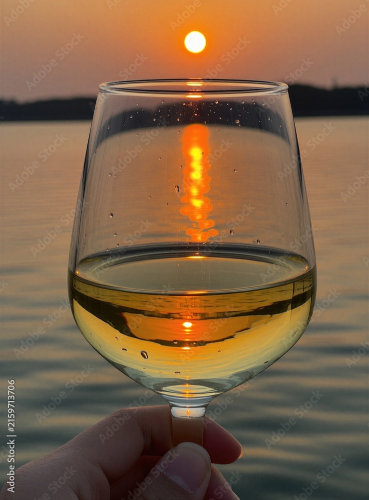 Naklejka premium Hand holds wine glass against sunset over calm sea water. Golden solar reflection shines inside beverage drink. Summer evening scene shows romantic vacation vibe with alcohol refreshment. Person