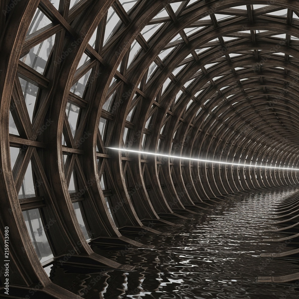 Fototapeta premium Futuristic arched tunnel structure with water and glowing light beam.